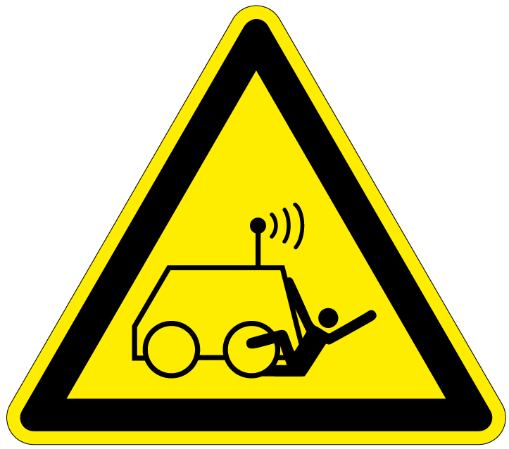 pictogram op afstand bediende machine, geel zwart, driehoek, iso 7010, w037, poppetje onder wagen